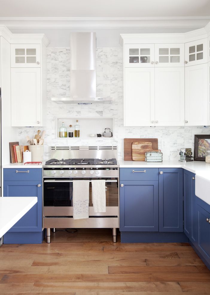 blue kitchen cabinets breadboard