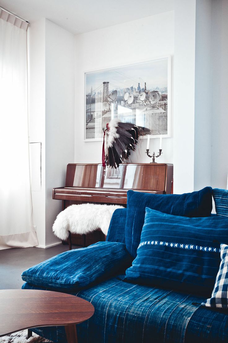 Indigo Denim Sofa worn with stripes