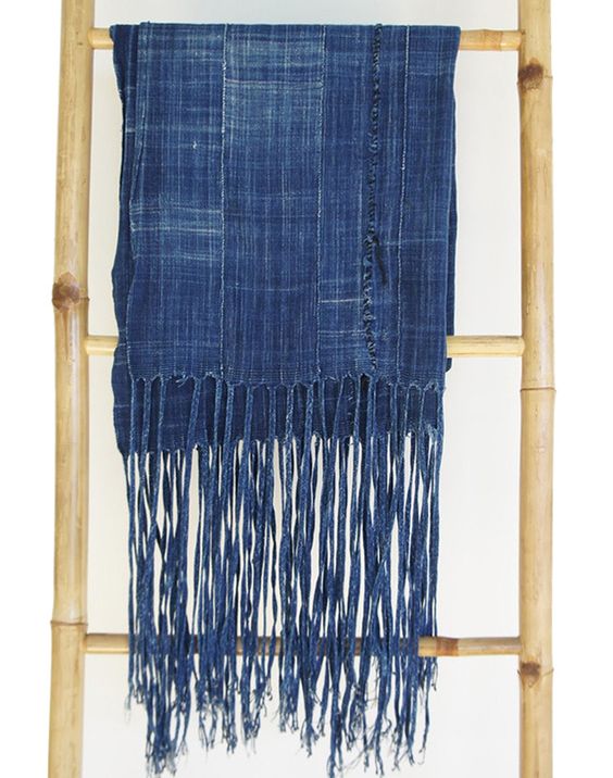 vintage african indigo mudcloth extra long fringe denim